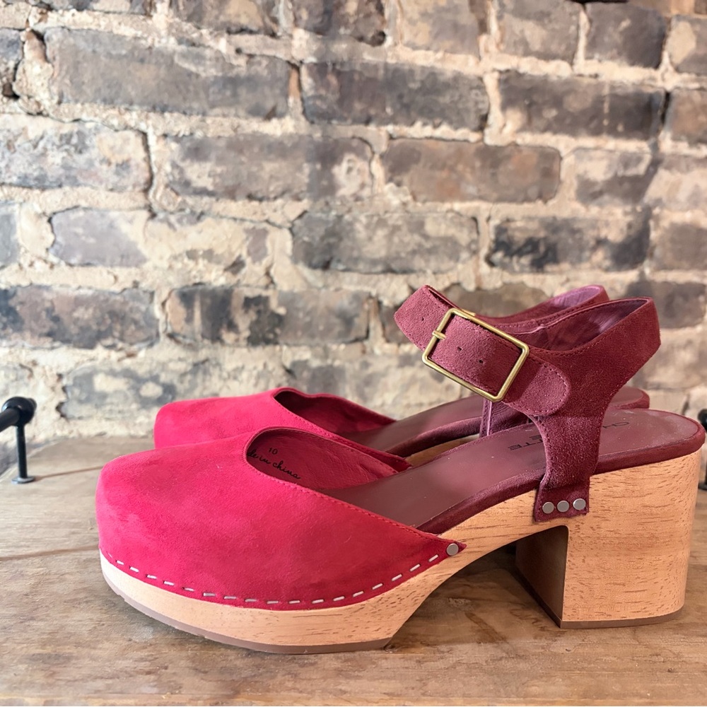 Charlotte Stone Red Suede Mules with Wooden Heel